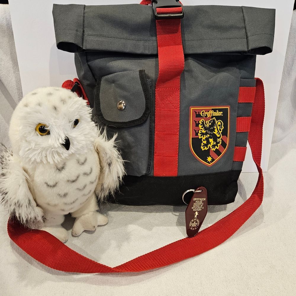 Harry Potter Backpack Messenger Bag Gryffindor Lot W Key Ring And Owl Plush Toy